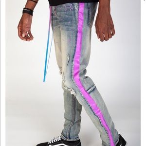 Paint striped jeans/tie dye matching draw string